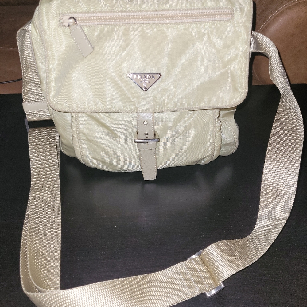 Prada Cream Nylon Crossbody Bag with Tan Strap